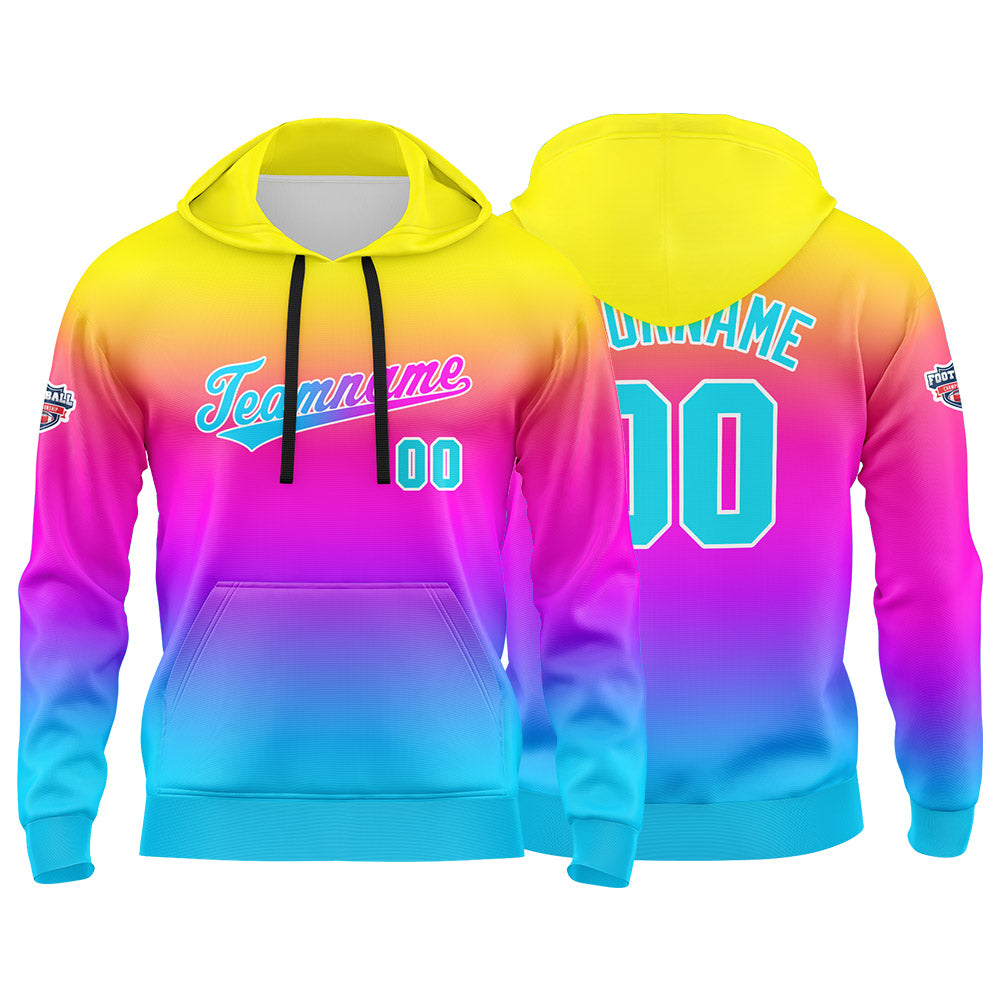 Sudadera con capucha personalizada con degradado para hombre-mujer-niña o niño Estampa tu logotipo-nombre o número en tonos amarillo-morado y azul