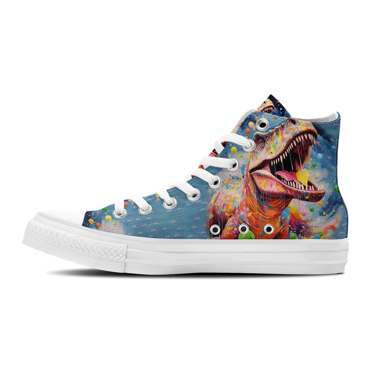 Dino Fusion: Zapatillas unisex de lona de media caña: Adéntrate en un colorido mundo de dinosaurios con vibrantes diseños artísticos y estampados inspirados en puntos para hombres y mujeres