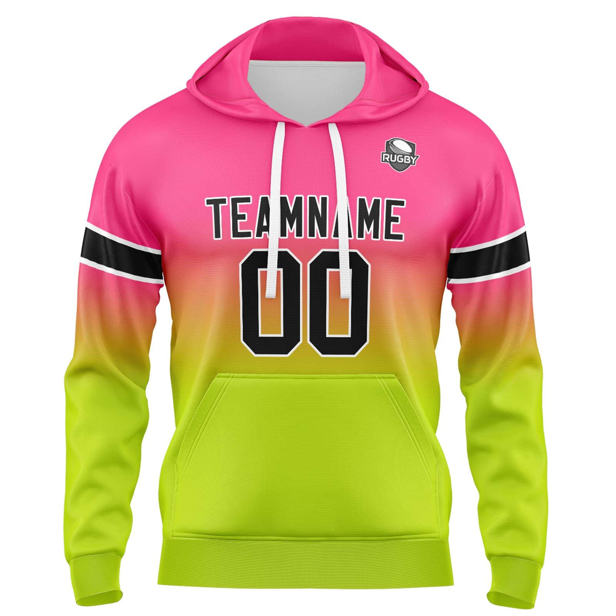 Sudadera con capucha degradada personalizada para hombre-mujer-niña o niño Estampa tu logotipo-nombre y número en rosa y verde chartreuse