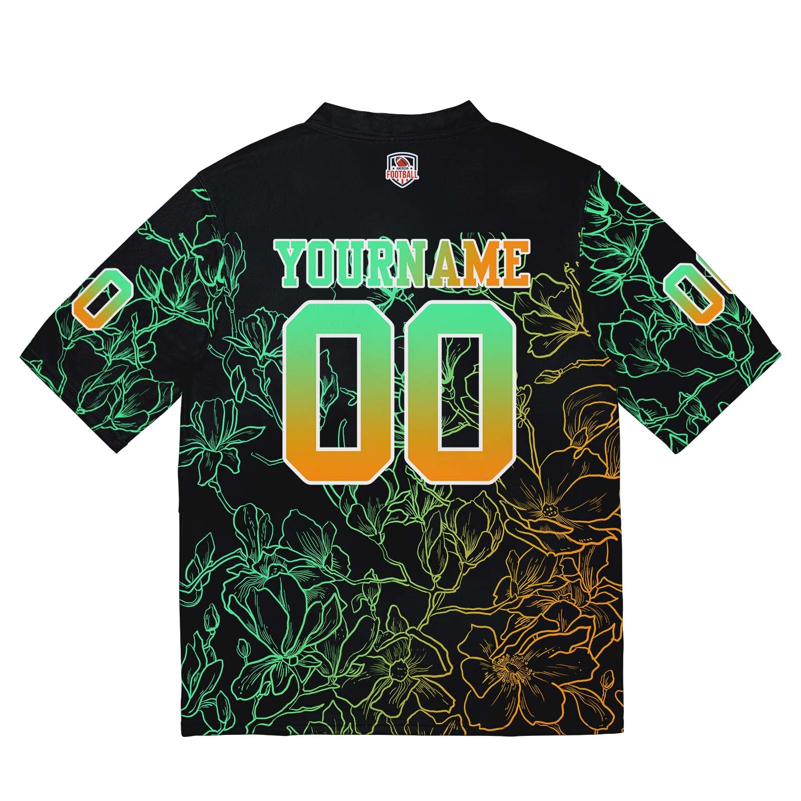 Camiseta de fútbol personalizada con nombre y número del equipo bordados y estampados en degradado verde y naranja