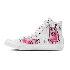 Adorable Oink: Déjese seducir por la ternura con nuestras zapatillas de lona de media caña con divertidos dibujos de cerditos: moda divertida para hombres y mujeres