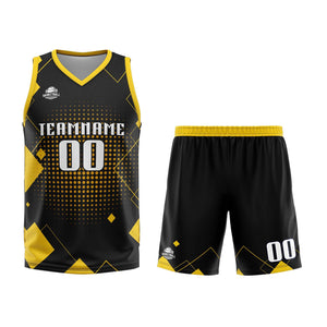 Uniforme de baloncesto amarillo con diseño geométrico personalizado-estampado con tu logotipo-nombre y número