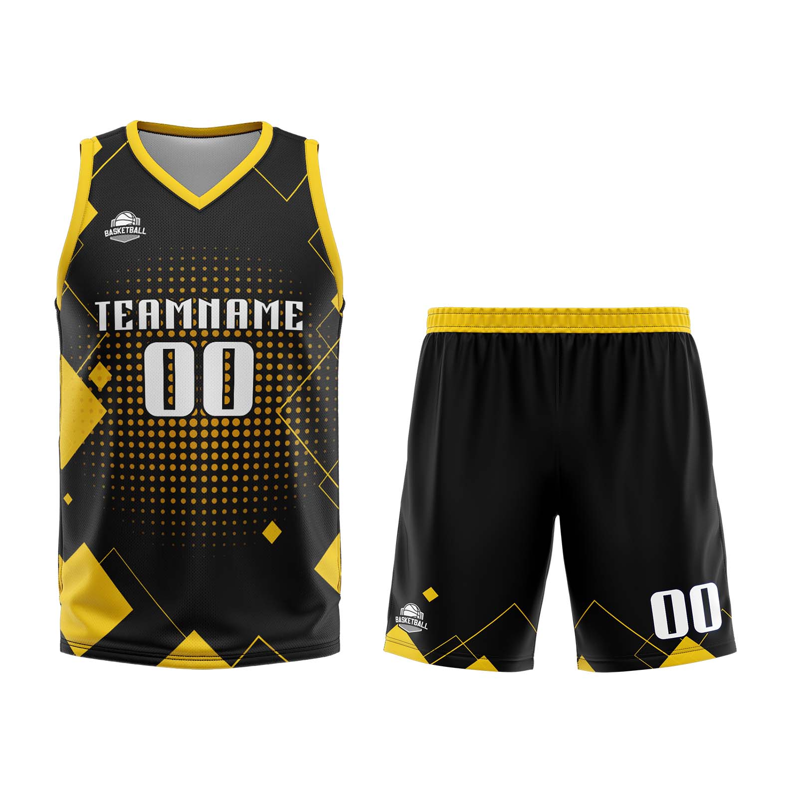 Uniforme de baloncesto amarillo con diseño geométrico personalizado-estampado con tu logotipo-nombre y número