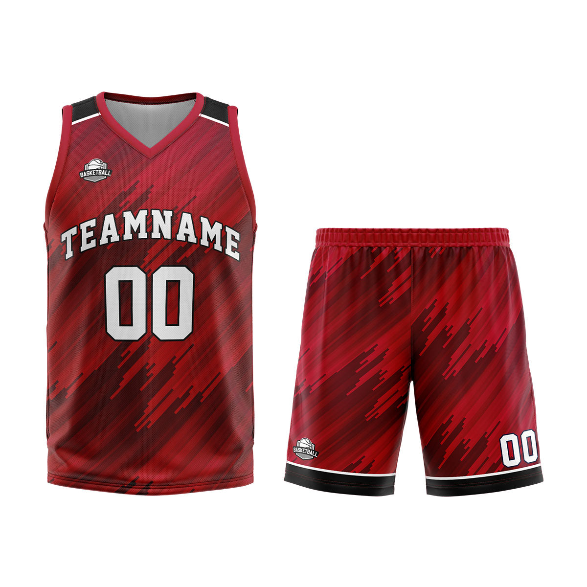 Uniforme de baloncesto rojo tipo rayas personalizado con su logotipo-nombre y número impresos