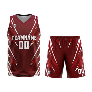 Uniforme de baloncesto personalizado con triángulo rojo oscuro y estampado de tu logotipo-nombre y número