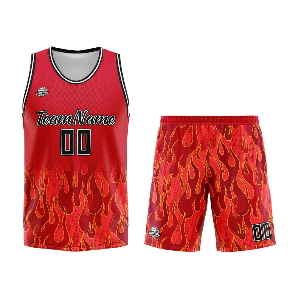 Uniforme de baloncesto personalizado con diseño de llama roja-impreso con tu logotipo-nombre y número