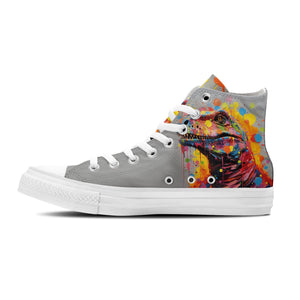 Dinosaurios con lunares: realza tu estilo con zapatillas de lona de caña alta -Moda unisex con divertidos estampados de dinosaurios en una cautivadora mezcla de color y fantasía de lunares
