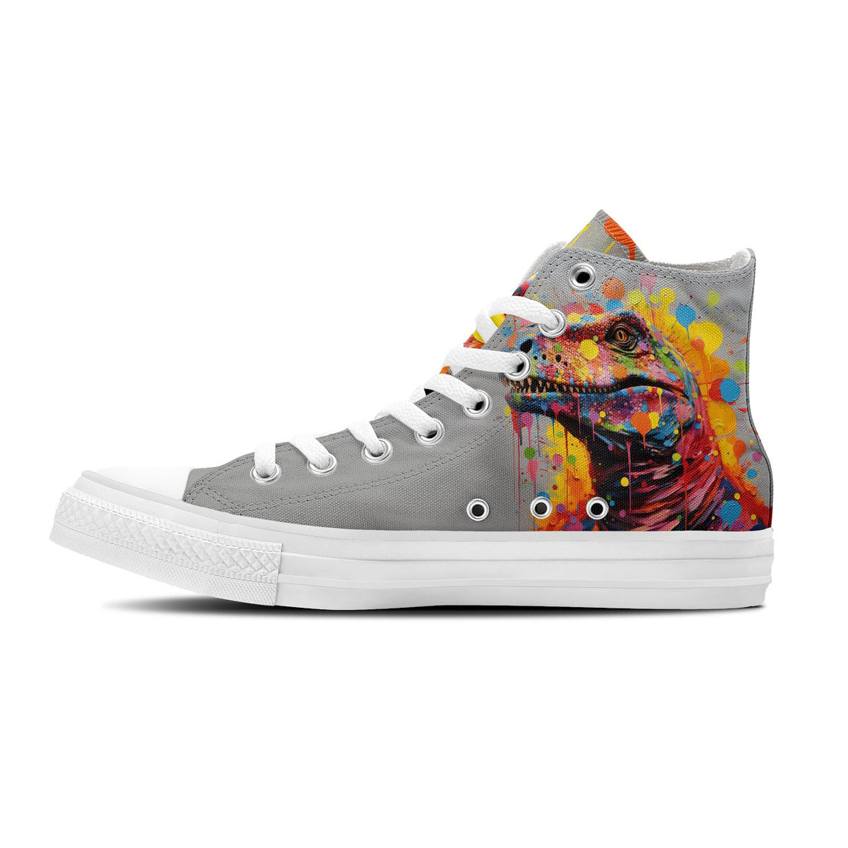 Dinosaurios con lunares: realza tu estilo con zapatillas de lona de caña alta -Moda unisex con divertidos estampados de dinosaurios en una cautivadora mezcla de color y fantasía de lunares
