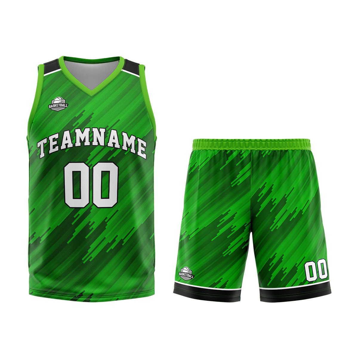 Uniforme de baloncesto verde tipo rayas personalizado con su logotipo-nombre y número impresos