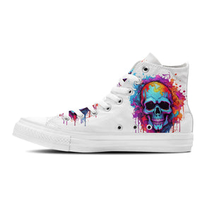 Macabro Cromático: Desata el poder de la rebeldía de la moda con zapatillas de lona de media caña para hombre y mujer El arte de las calaveras se une al estilo chic de los lápices en una vibrante paleta de colores