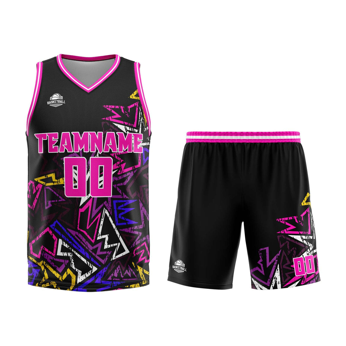 Uniforme de baloncesto rosa con geometría dañada personalizada-estampado con tu logotipo-nombre y número