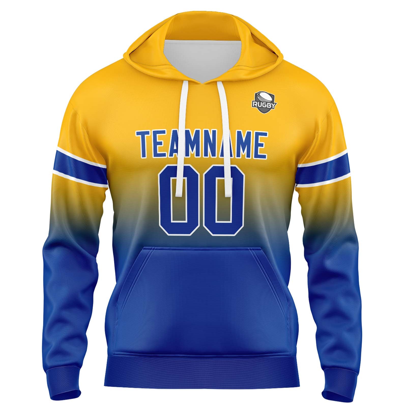 Sudadera con capucha personalizada con degradado para hombre-mujer-niña o niño Estampa tu logotipo-nombre y número en amarillo y azul