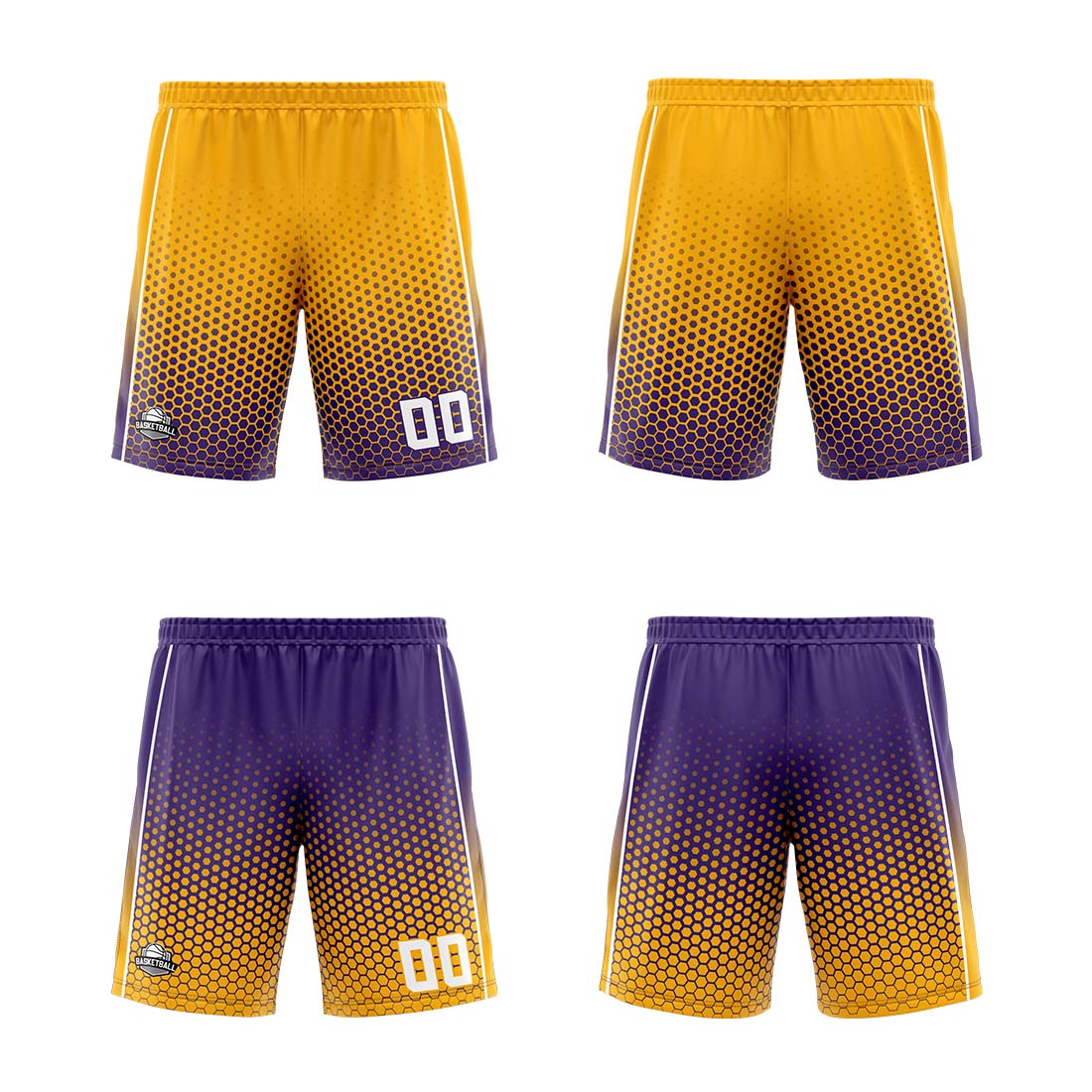 Traje de baloncesto reversible personalizado amarillo-morado y blanco para adultos y niños