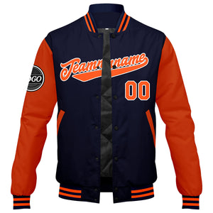 Chaqueta universitaria personalizada estilo Letterman para hombres-mujeres y jóvenes-color azul marino y naranja
