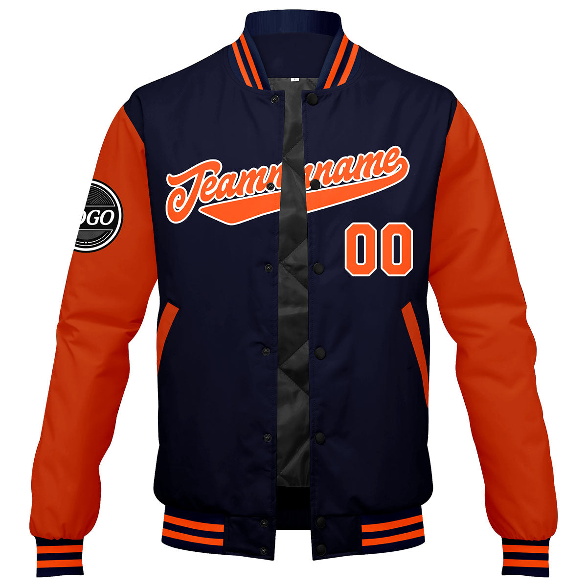 Chaqueta universitaria personalizada estilo Letterman para hombres-mujeres y jóvenes-color azul marino y naranja
