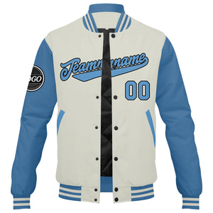 Chaqueta universitaria personalizada estilo Letterman para hombres-mujeres y jóvenes-color azul claro y crema