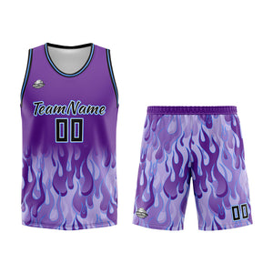 Uniforme de baloncesto personalizado con diseño de llama morada y estampado de tu logotipo-nombre y número