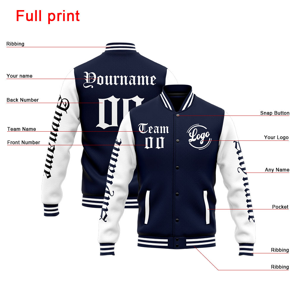 Chaqueta universitaria personalizada estilo Letterman para hombres-mujeres y jóvenes-color azul marino y blanco