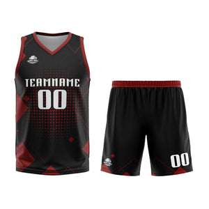Uniforme de baloncesto rojo con diseño geométrico personalizado-estampado con tu logotipo-nombre y número