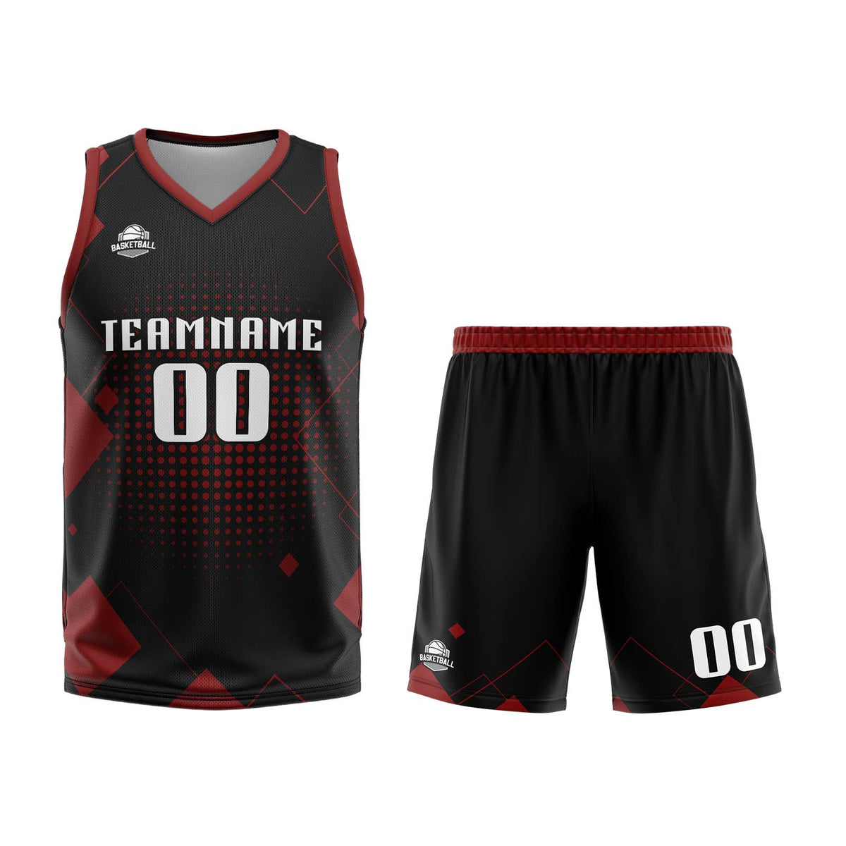 Uniforme de baloncesto rojo con diseño geométrico personalizado-estampado con tu logotipo-nombre y número