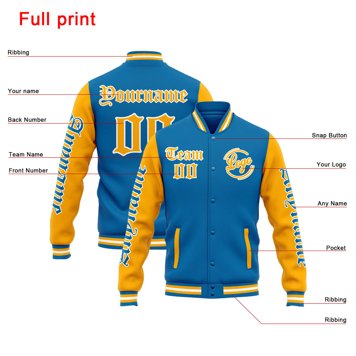 Chaqueta universitaria personalizada estilo Letterman para hombres-mujeres y jóvenes-color azul y naranja