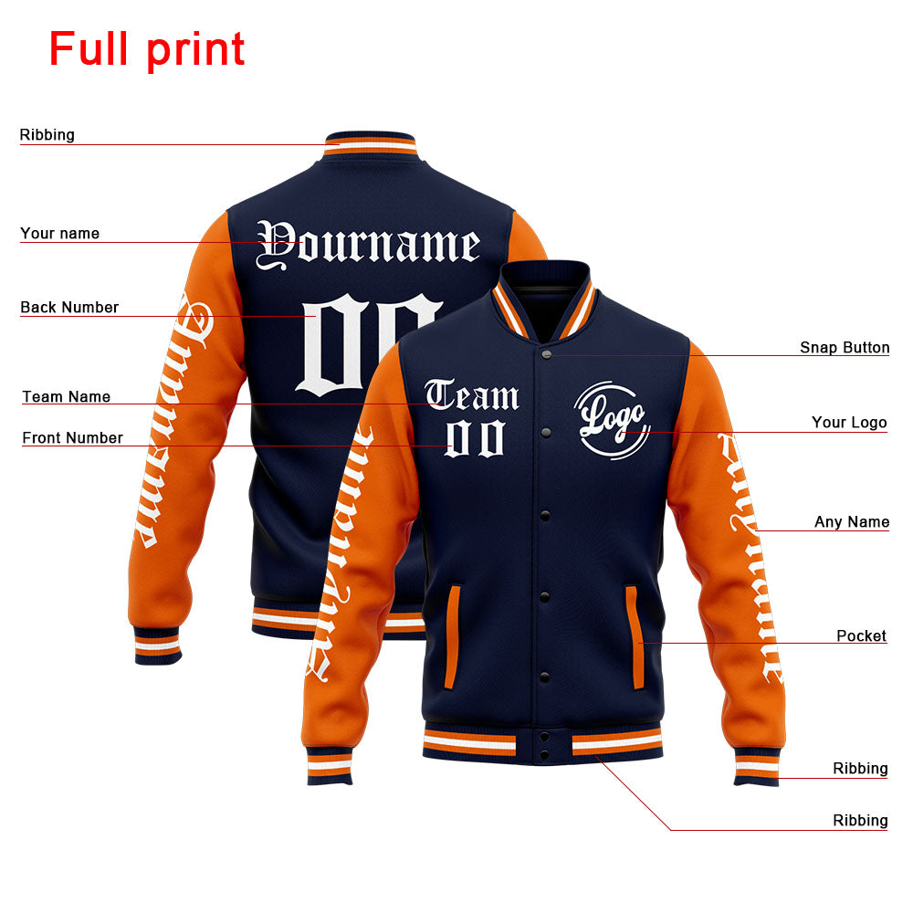 Chaqueta universitaria personalizada estilo Letterman para hombres-mujeres y jóvenes-color azul marino y naranja