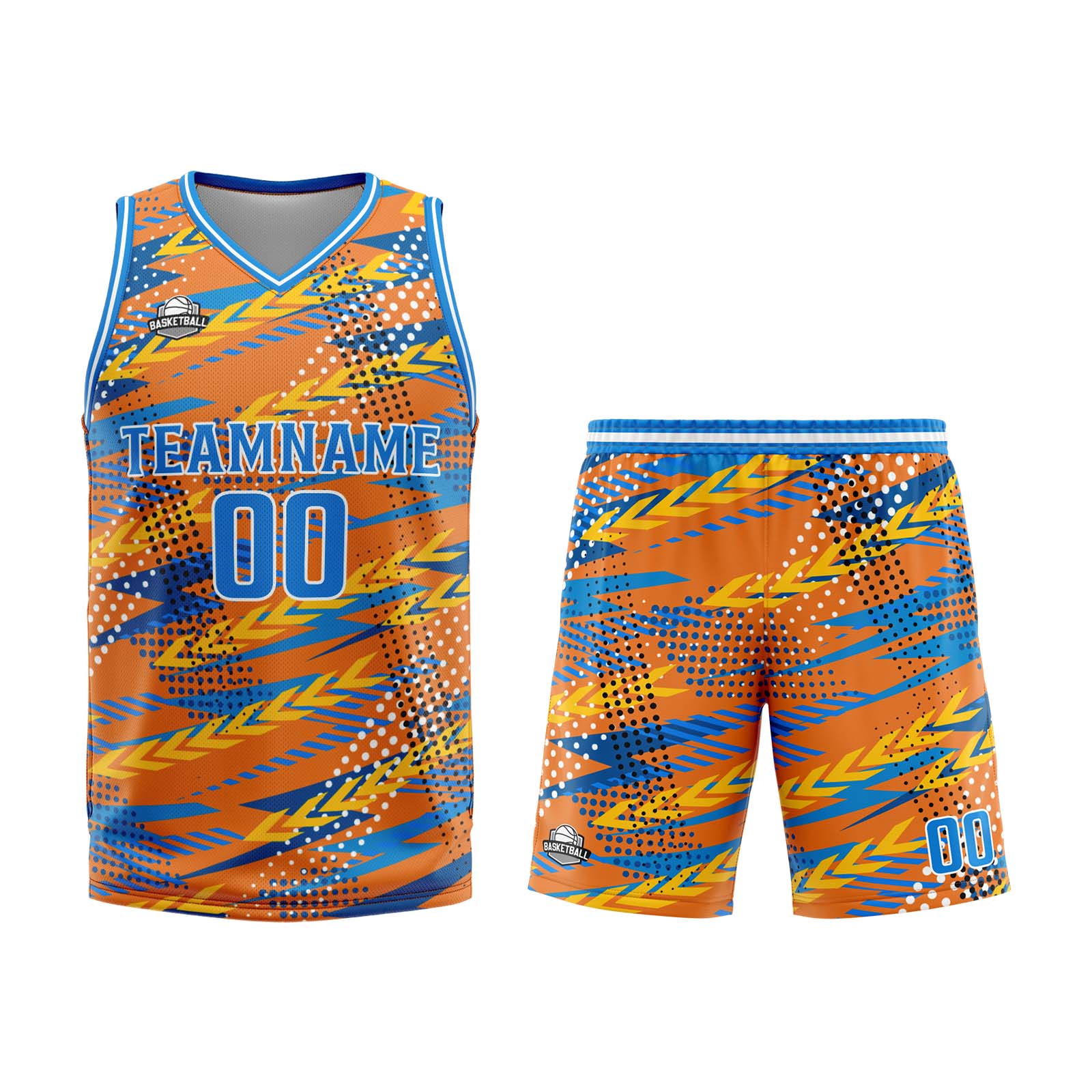 Uniforme de baloncesto personalizado naranja y azul con tu logotipo-nombre y número impresos