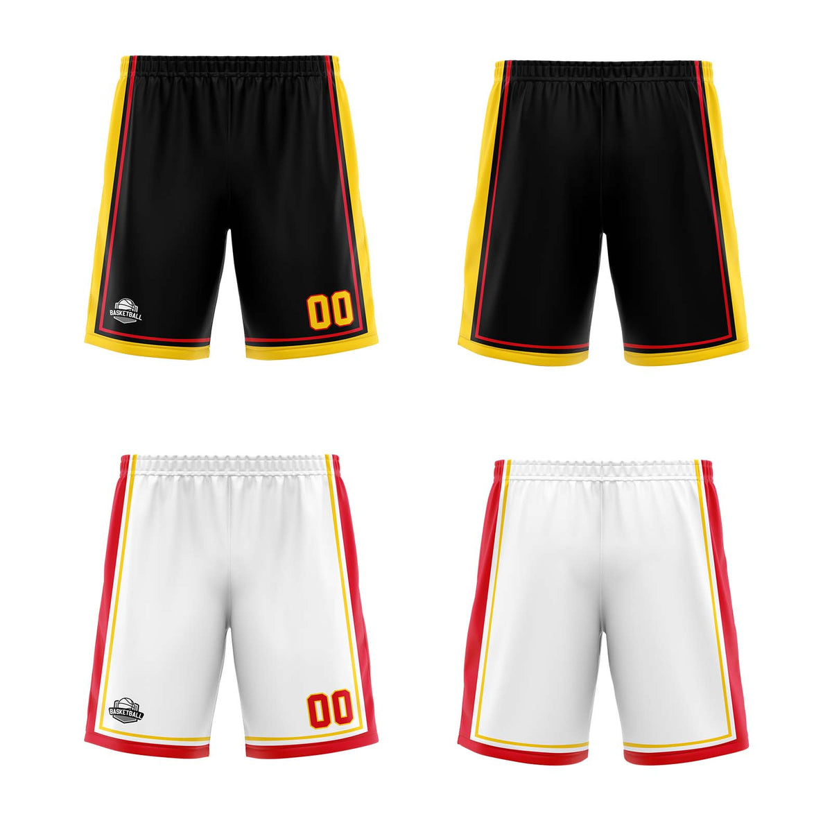 Traje de baloncesto reversible personalizado en negro-blanco-amarillo y rojo para adultos y niños
