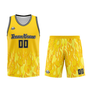 Uniforme de baloncesto personalizado con diseño de llama amarilla-impreso con tu logotipo-nombre y número