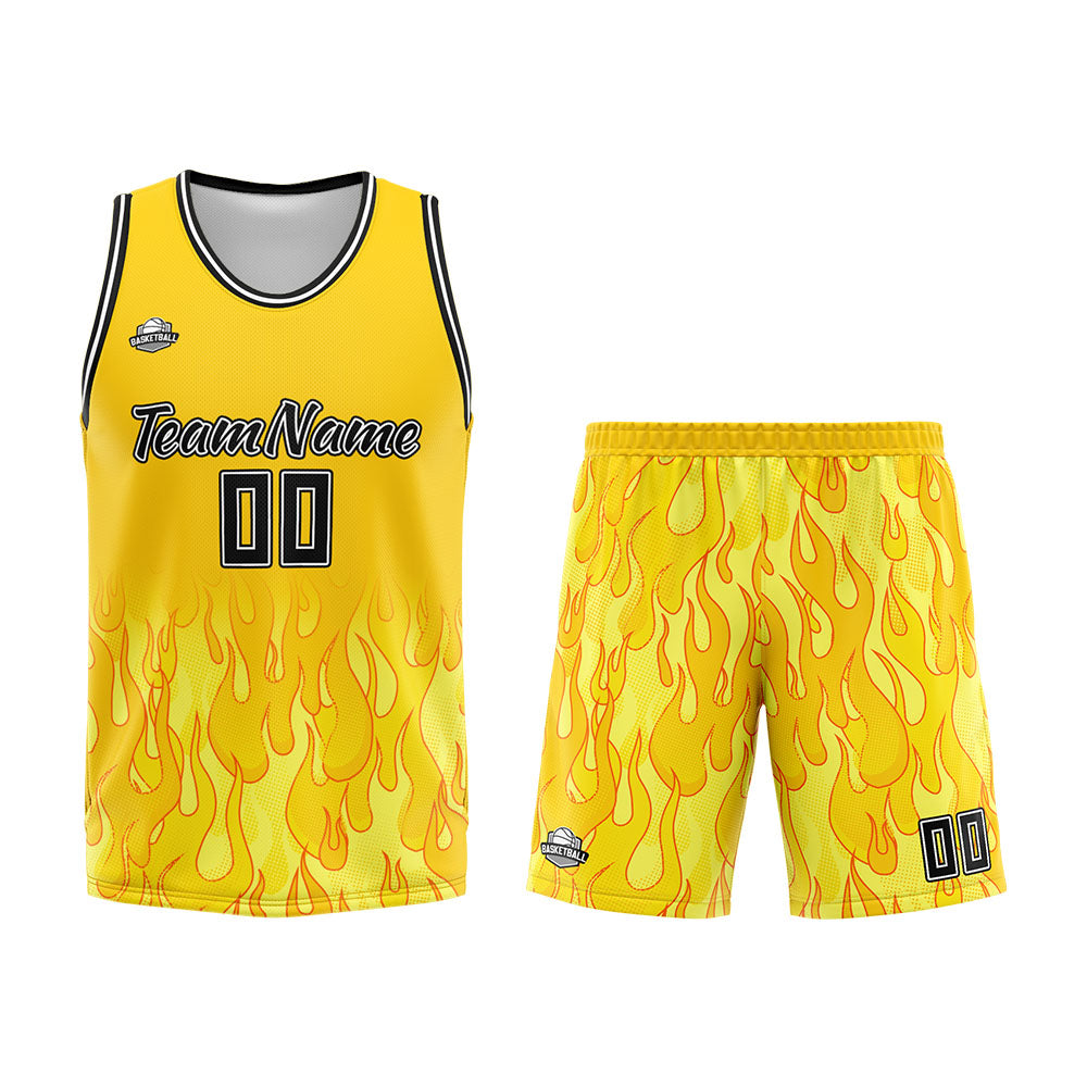 Uniforme de baloncesto personalizado con diseño de llama amarilla-impreso con tu logotipo-nombre y número