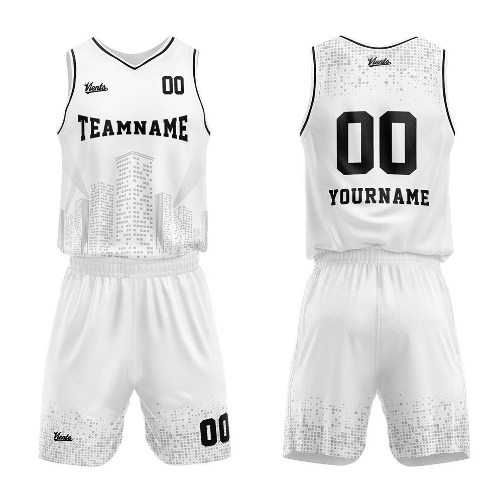 Uniforme de baloncesto personalizado con vista nocturna blanca-impreso con su logotipo-nombre y número