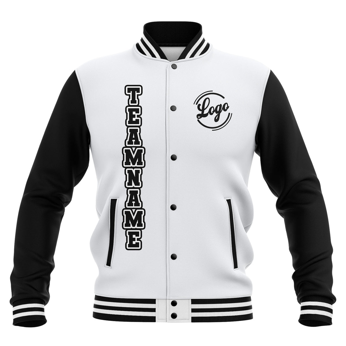 Chaquetas universitarias impermeables personalizadas en blanco y negro con nombre-número y logotipo bordados a medida