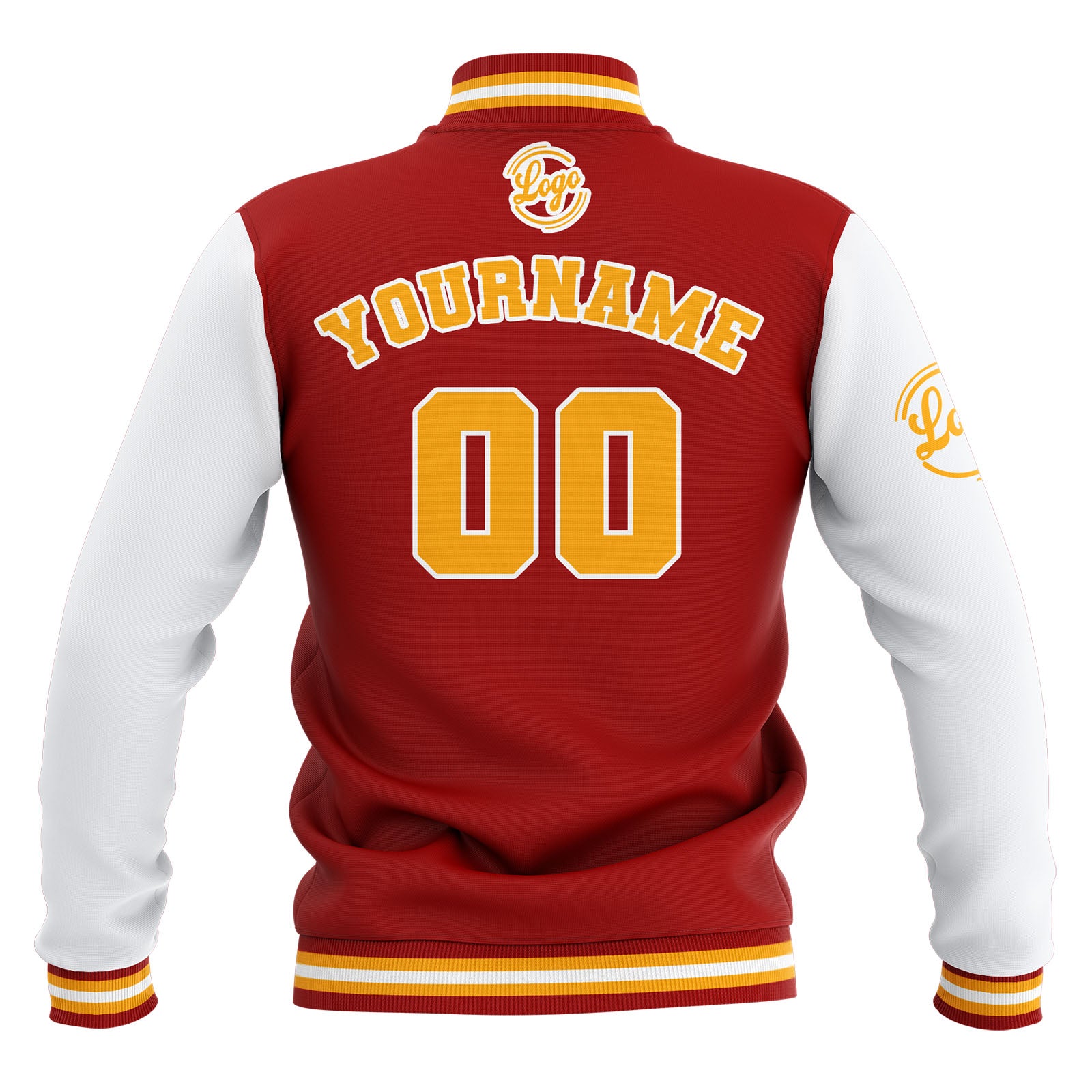Chaquetas universitarias impermeables personalizadas en rojo-blanco y amarillo con nombre-número y logotipo bordados