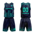 Uniforme de baloncesto personalizado azul marino con vista nocturna-impreso con su logotipo-nombre y número
