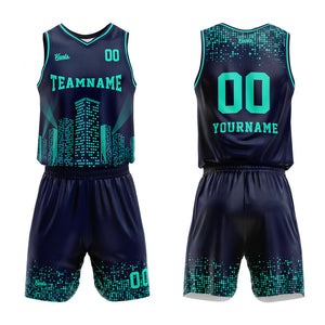 Uniforme de baloncesto personalizado azul marino con vista nocturna-impreso con su logotipo-nombre y número