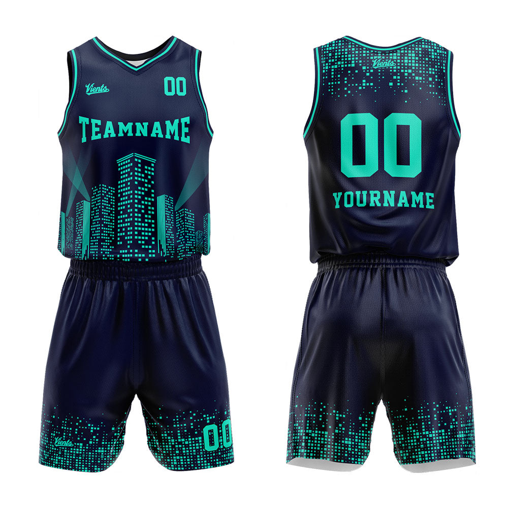 Uniforme de baloncesto personalizado azul marino con vista nocturna-impreso con su logotipo-nombre y número