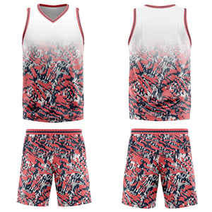 Uniforme de baloncesto personalizado en blanco-rosa y azul marino con tu logotipo-nombre y número impresos