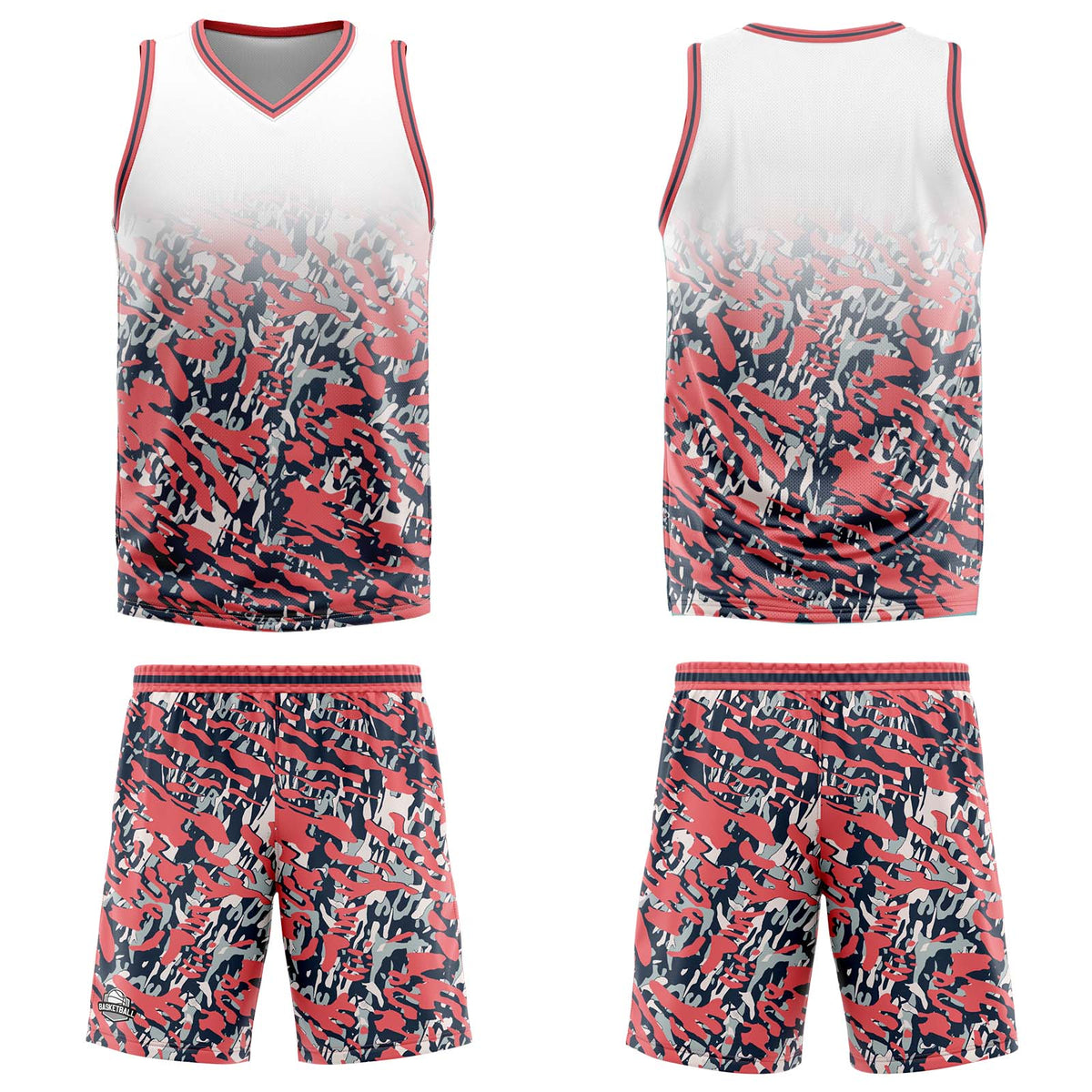 Uniforme de baloncesto personalizado en blanco-rosa y azul marino con tu logotipo-nombre y número impresos