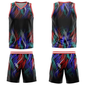Uniforme de baloncesto personalizado negro y rojo con tu logotipo-nombre y número impresos