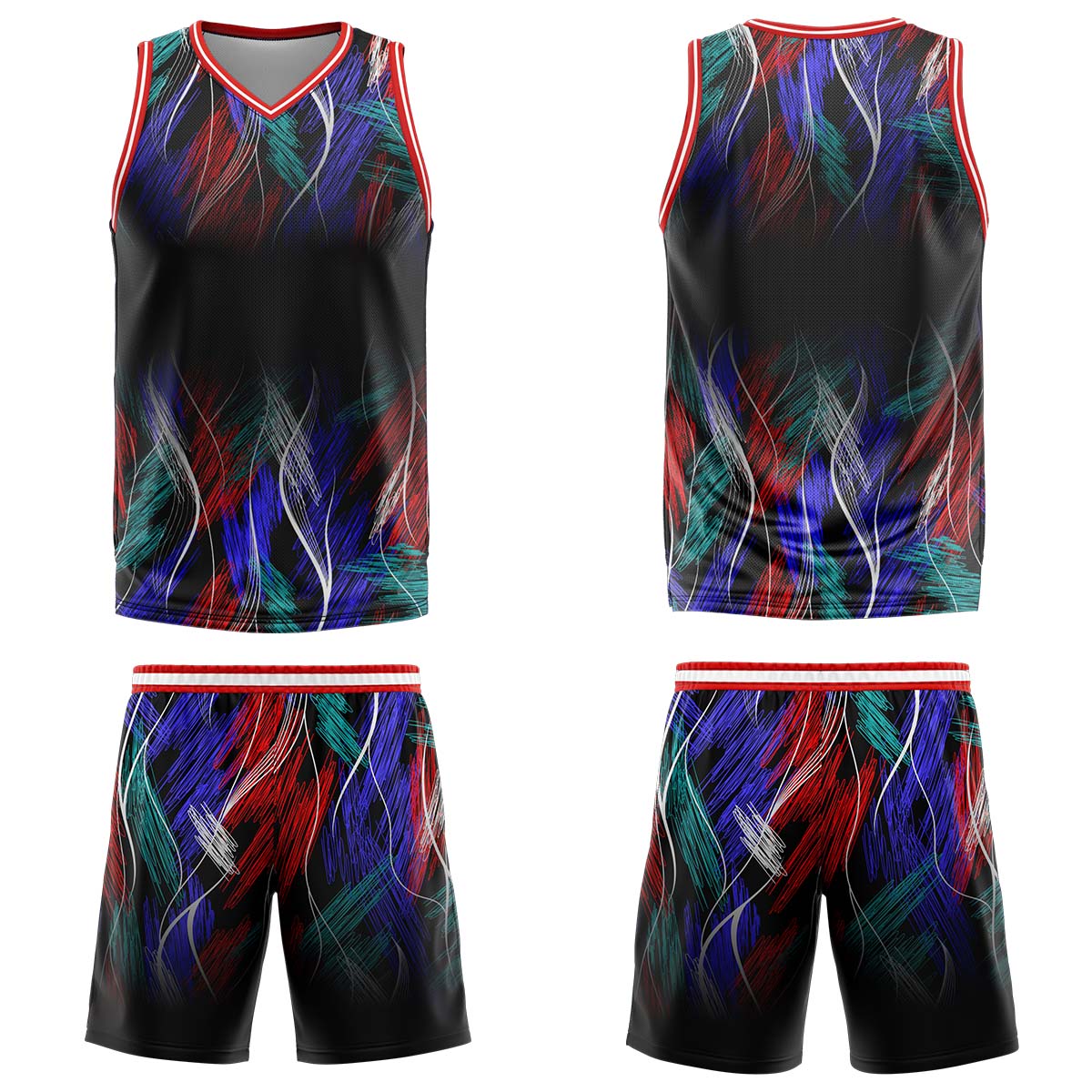 Uniforme de baloncesto personalizado negro y rojo con tu logotipo-nombre y número impresos