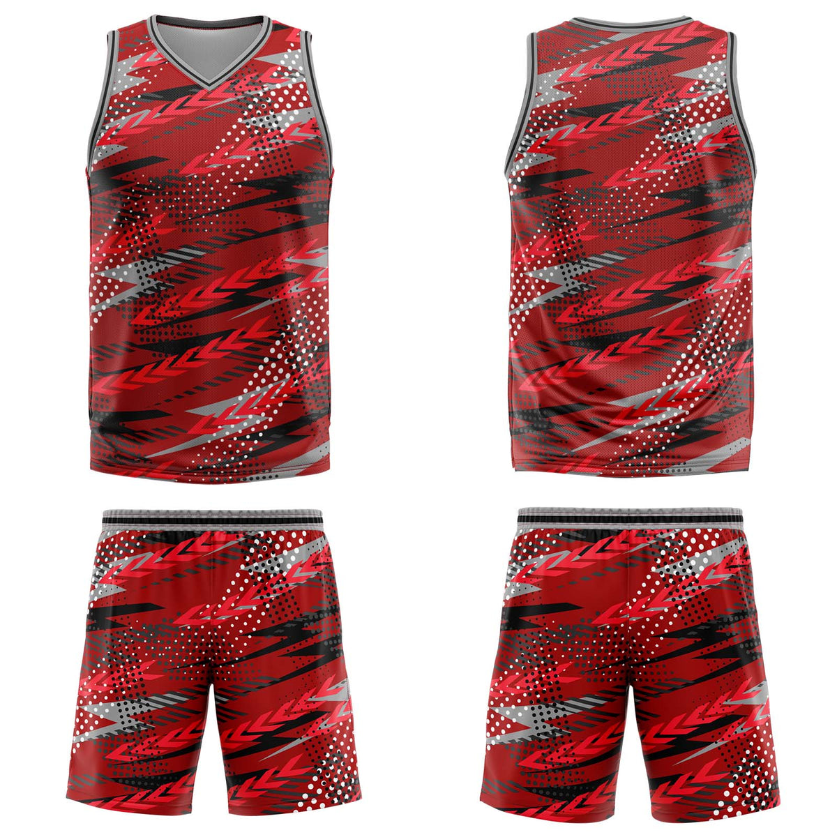 Uniforme de baloncesto personalizado rojo y gris con tu logotipo-nombre y número impresos