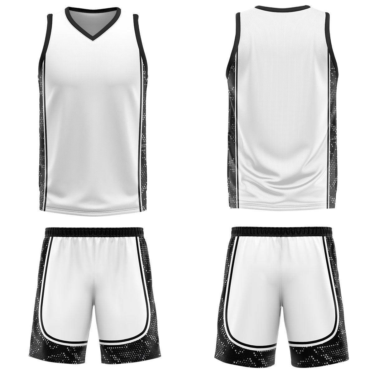Uniforme de baloncesto personalizado blanco y negro con tu logotipo-nombre y número impresos