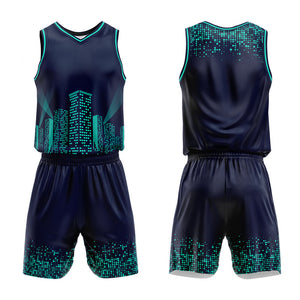 Uniforme de baloncesto personalizado azul marino con vista nocturna-impreso con su logotipo-nombre y número