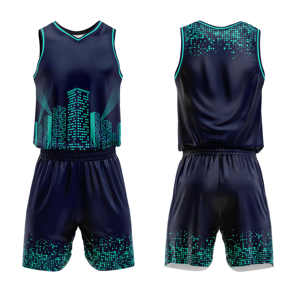 Uniforme de baloncesto personalizado azul marino con vista nocturna-impreso con su logotipo-nombre y número