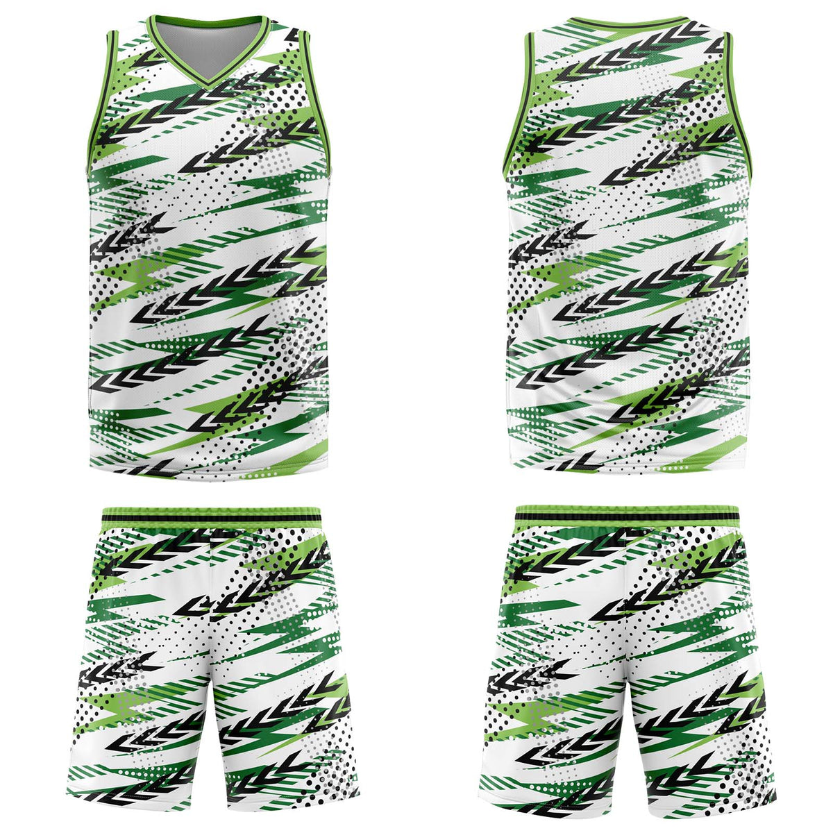 Uniforme de baloncesto personalizado blanco y verde con tu logotipo-nombre y número impresos