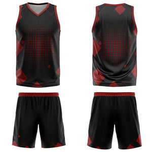 Uniforme de baloncesto rojo con diseño geométrico personalizado-estampado con tu logotipo-nombre y número