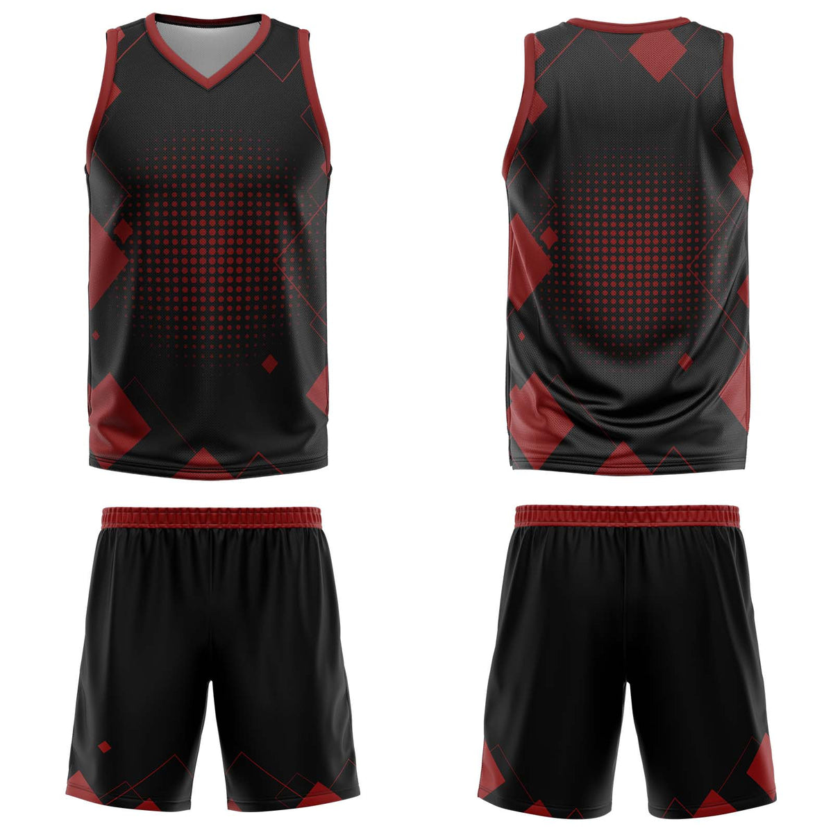 Uniforme de baloncesto rojo con diseño geométrico personalizado-estampado con tu logotipo-nombre y número