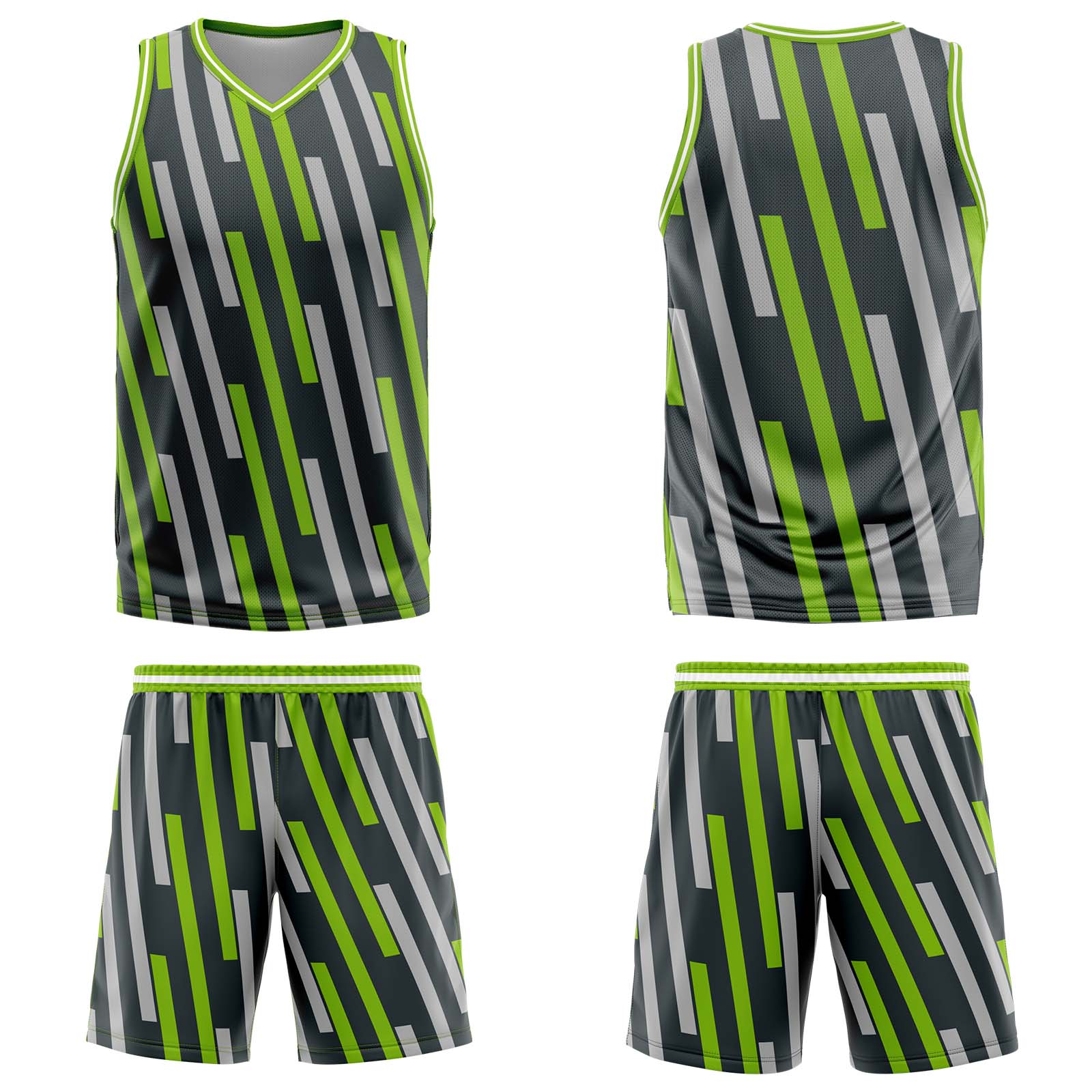 Camiseta de baloncesto personalizada con barra vertical verde gris-uniforme impreso con su logotipo-nombre y número