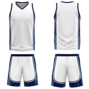 Uniforme de baloncesto personalizado blanco y azul oscuro con tu logotipo-nombre y número impresos