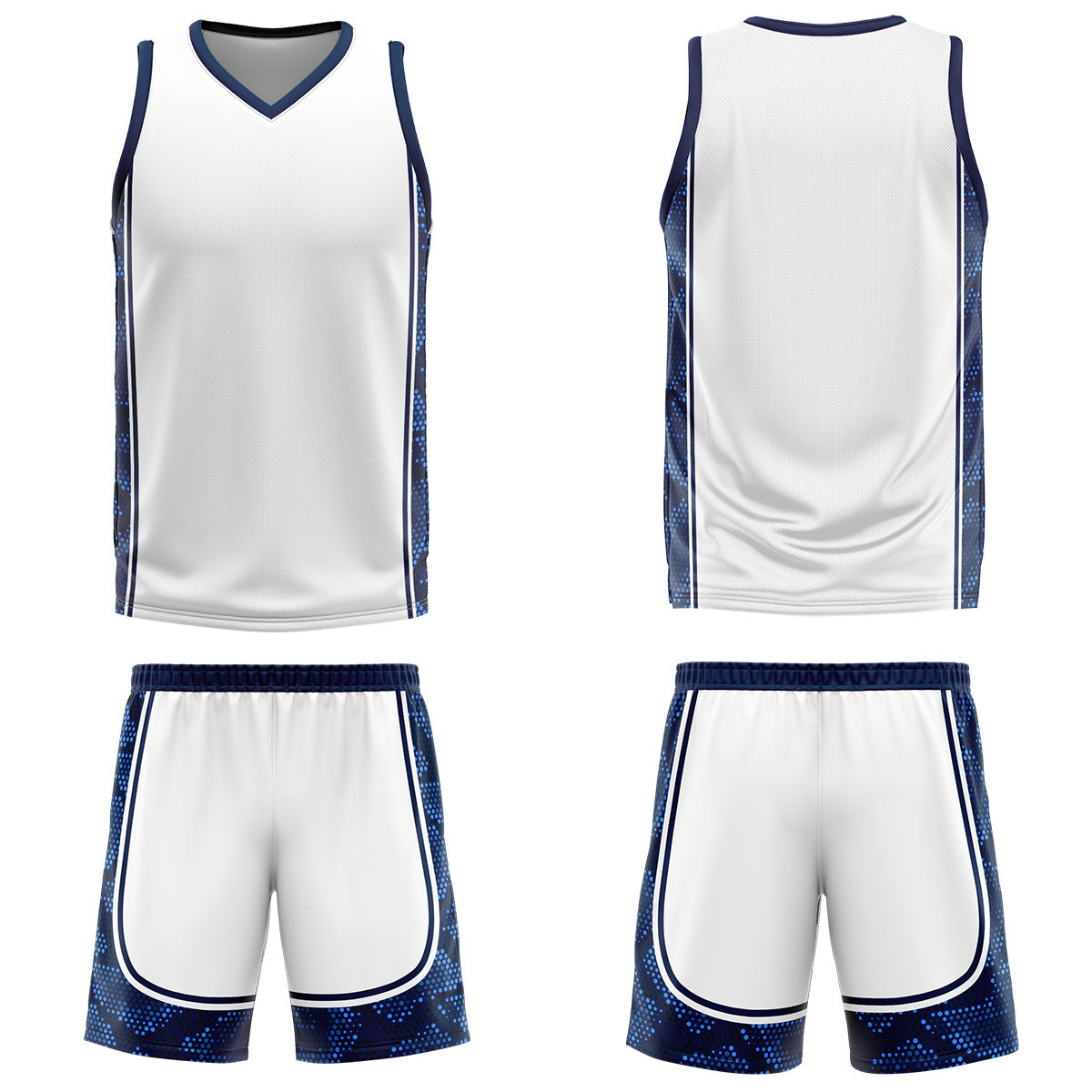 Uniforme de baloncesto personalizado blanco y azul oscuro con tu logotipo-nombre y número impresos